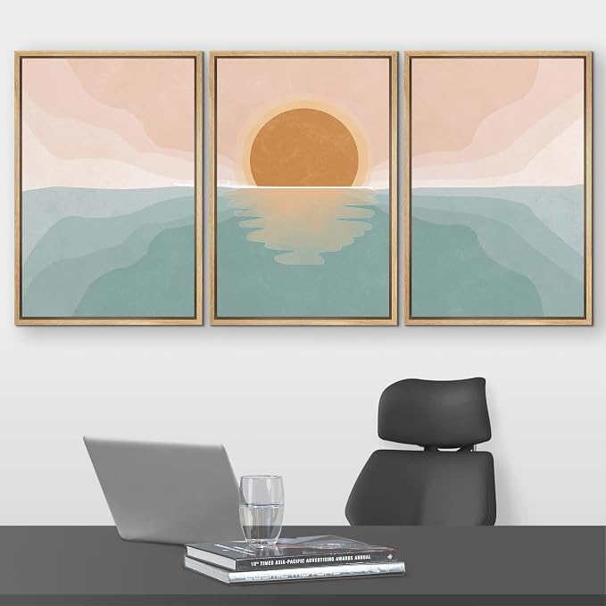wall26 Framed Canvas Print Wall Art Set Pastel Mountain Range Forest Dawn Abstract Nature Illustrations Modern Art Nordic Decorative Minimal Boho for Living Room, Bedroom, Office - 24"x36"x3 Natural