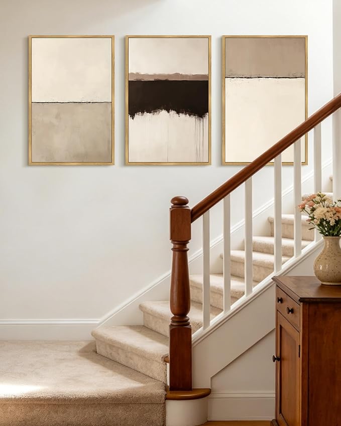 KUVIOKE Abstract Framed Canvas Wall Art Minimalist Beige Gray Pastel Watercolor Wall Decor Modern Illustration Neutral Art Painting for Bedroom Dining Room 16x24in (Natural Framed)