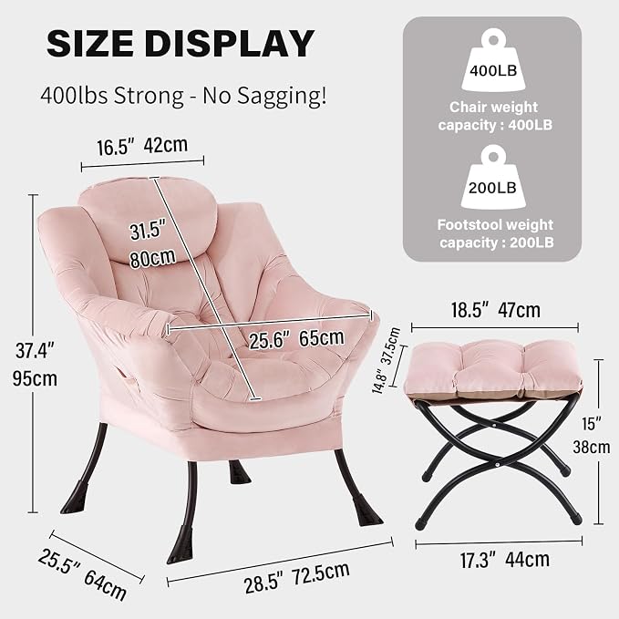 Tiita Lazy Chair with Ottoman, Pink Modern Large Accent Chair, Comfy Leisure Sofa Armchair with Ottoman, Reading Chair with Footrest for Bedroom, Living Room, Dorm Rooms, Velvet Pink