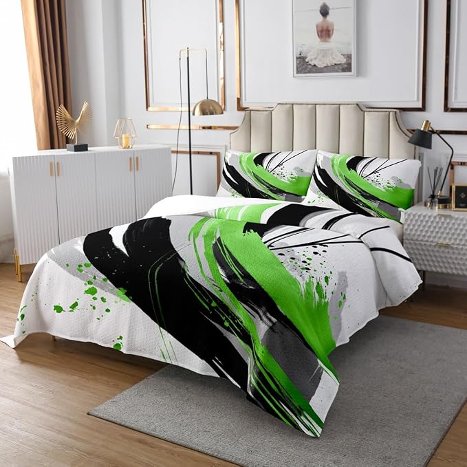 Erosebridal Black and Green Kids Coverlet Set | Modern Geometric Striped Quilt Set for Boys Girls Boho Contemporary Watercolor Graffiti Quilts Minimalist Aesthetic Art Bedding Sets Twin 2Pcs