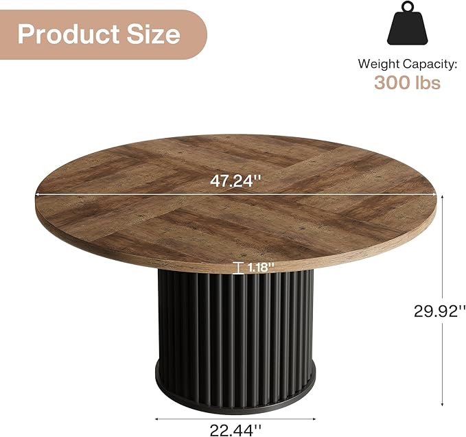Tribesigns 47.24-Inch Black Round Dining Table for 4-6 People, Modern Fluted MDF + Metal Base Kitchen Table, Sturdy Circle Dining Room Furniture, Brown + Black