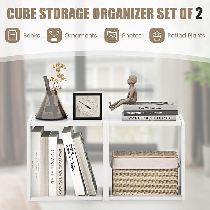 LOKO Stackable 2 Cube Storage Organizer Set of 2, Freestanding Cubby Storage Bookcase with Anti-toppling Device, 2-Tier Bookshelf, Combinable Record Player Stand for Living Room Study (2, White)