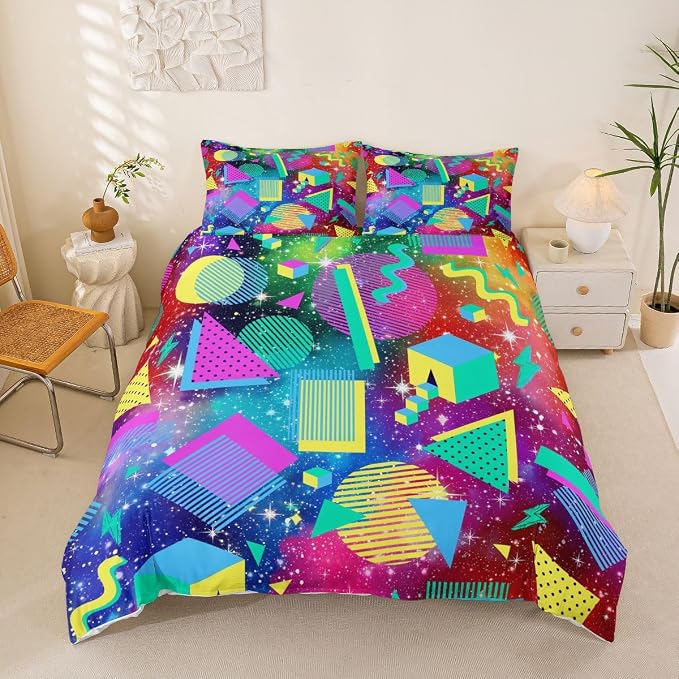 Galaxy Bedding Set Queen Size Colorful Starry Sky Duvet Cover,Vintage 80s 90s Memphis Comforter Cover Mens Hipster Hip-Hop Geometric Quilt Cover Green Blue Nebula Outer Space Room Decor