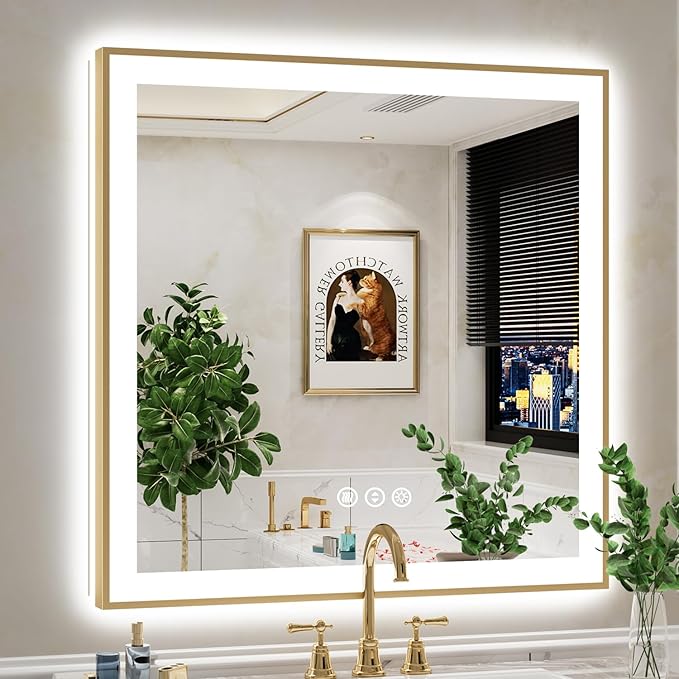 36x36 Inch LED Bathroom Mirror with Lights (Front Lit and Backlit) Gold Framed Lighted Vanity Mirror for Bathroom Wall Dimmable Anti-Fog Memory Tempered Glass Horizontal/Vertical