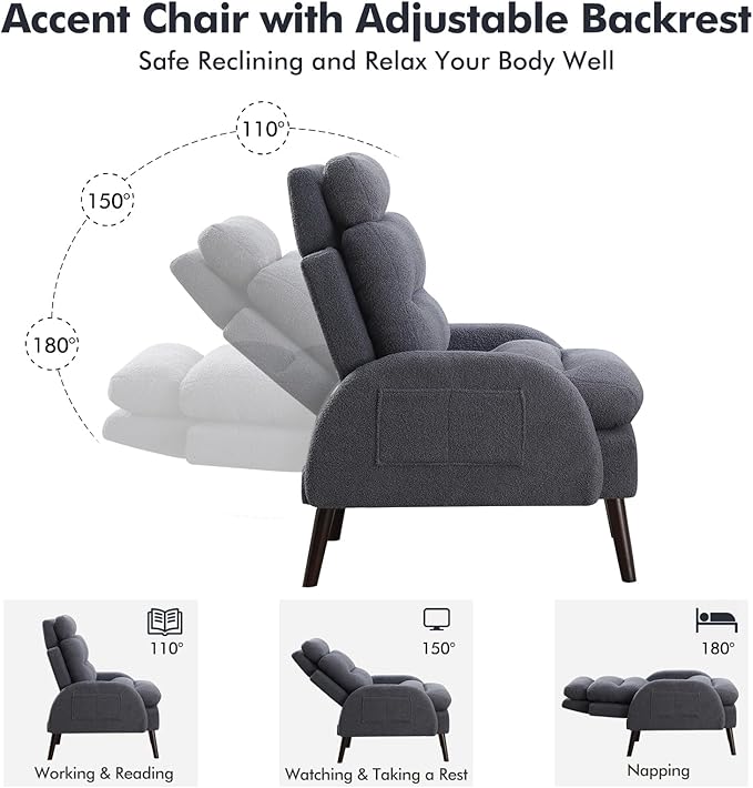 HCHAIRH Accent Chair with Ottoman, Comfy Reading Chair with Ottoman Set, Modern Oversized Velvet Lounge Armchair with Adjustable Backrest for Living Room Bedroom (Teddy Blue Grey)
