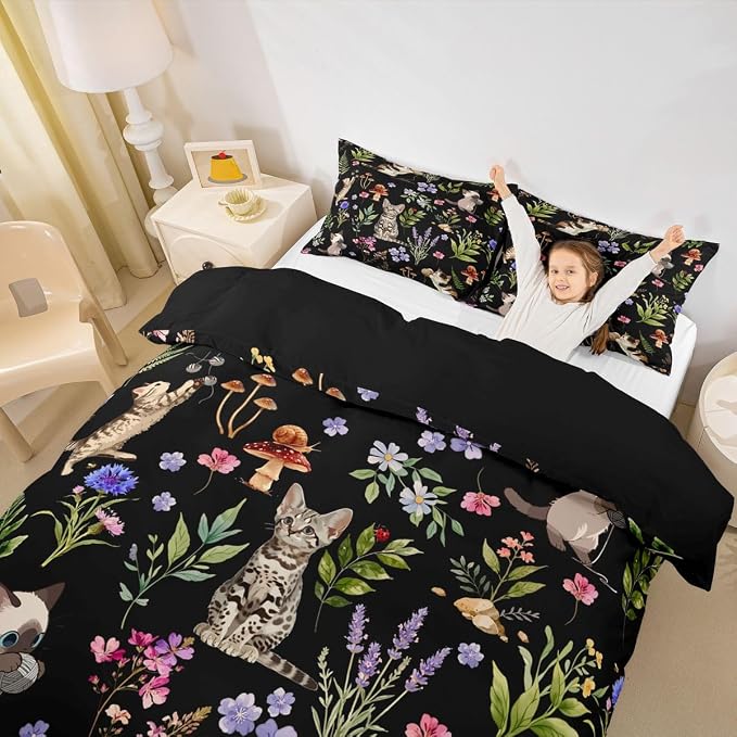 Erosebridal Cute Cat Comforter Cover Full Kitten Cat Lovers Bedding Set Black Boho Watercolor Floral Duvet Cover for Kids Girls Boys Adults Funny Pet Animal Bed Set