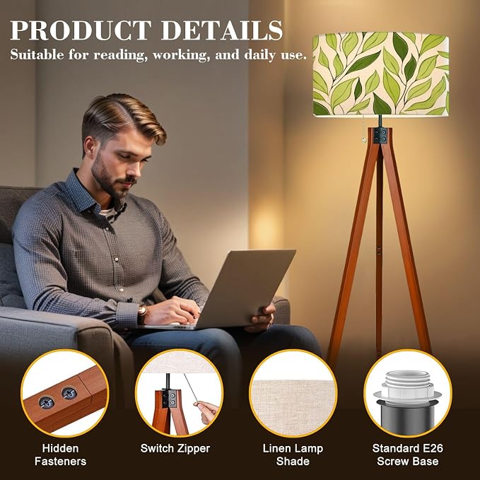 Wood Tripod Floor Lamp Green leaves seamless pattern Watercolor tea leaf textured jungle Mid Century Standing Lamp Linen Shade Dimmable Modern Tall lamp Home Decor for Living Room Bedroom Office