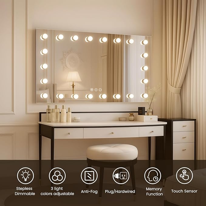 WTTY 84"x32" Hollywood Vanity Mirror with Lights, Wall-Mounted Makeup Mirror with 3 Color Temperatures, Stepless Dimmable Bulbs, Anti-Fog & Shatter-Proof