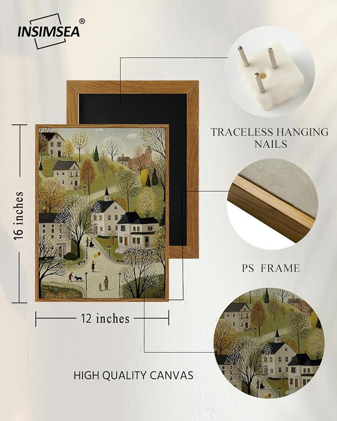 InSimSea Vintage Framed Folk Wall Art, Village Quaint Town Landscape Canvas Painting, Waterproof Moisture-Resistant Home Decor for Living Room Bedroom and Office 12x16 Inch