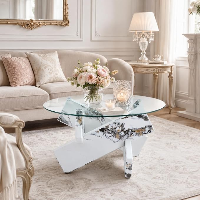 Round Glass Top Coffee Tables for Living Room, 33.4 Inch White Center Table, Mid Century Circle Cocktail Table with Marble-Looking Crossed Legs