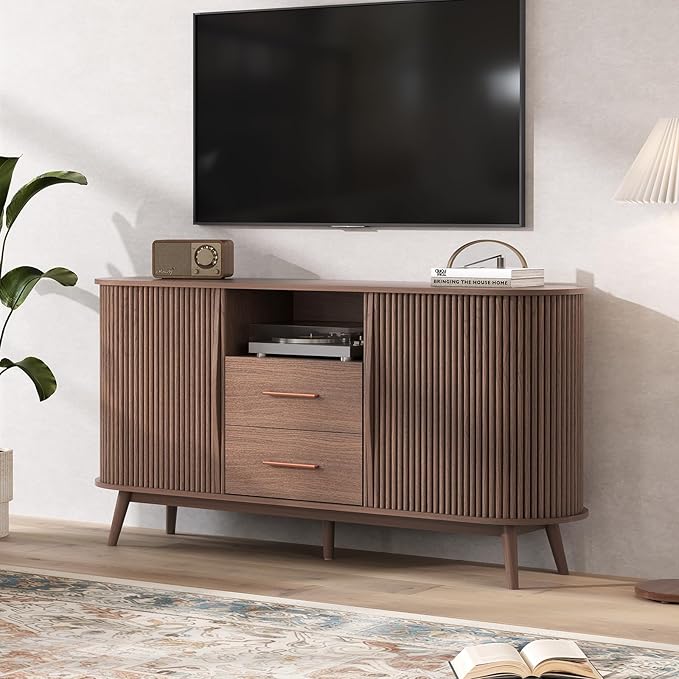 63" Sideboard Buffet Cabinet with Sliding Tambour Doors, Mid-Century Modern Accent Cabinet with Drawers & Solid Wood Legs, Fluted Storage Cabinet for Living Room, Dining Room, Walnut