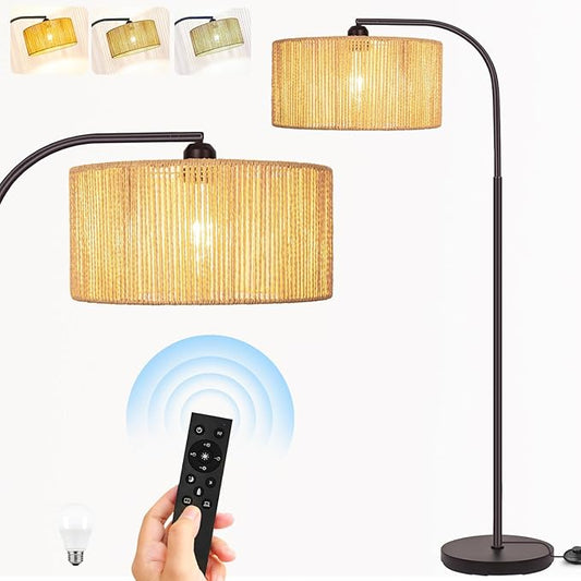 Boho Floor Lamp with Dimmable Bulb Nartual Rattan Adjustable Lampshade, Bronze Rustic Farmhouse Floor Lamps for Living Room, Bedroom, Office, Classroom