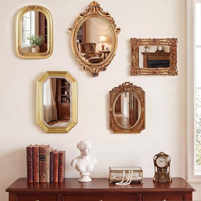 Wonderjune 5 Pcs Vintage Gold Mirror Set for Wall Decorative Resin Frame Ornate Antique Hanging and Tabletop Mirror for Home Dresser Gallery Decor Photography Props Gift (Baroque Style)