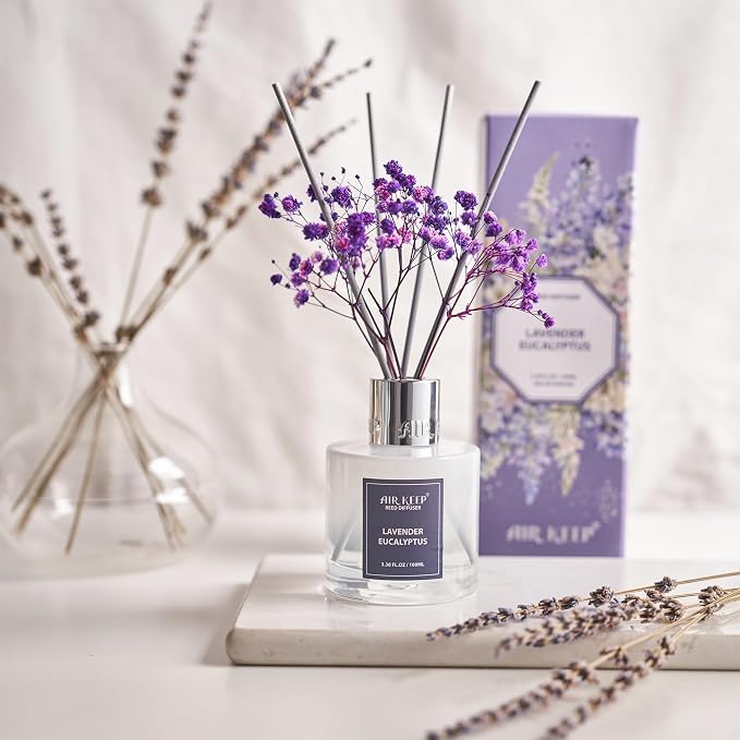 Airkeep Reed Diffuser Set,3.38 fl oz (100 ml) - Lavender Eucalyptus Oil Diffusers with 8 Reed Sticks, Home Fragrance Reed Diffuser for Bathroom Shelf Decor