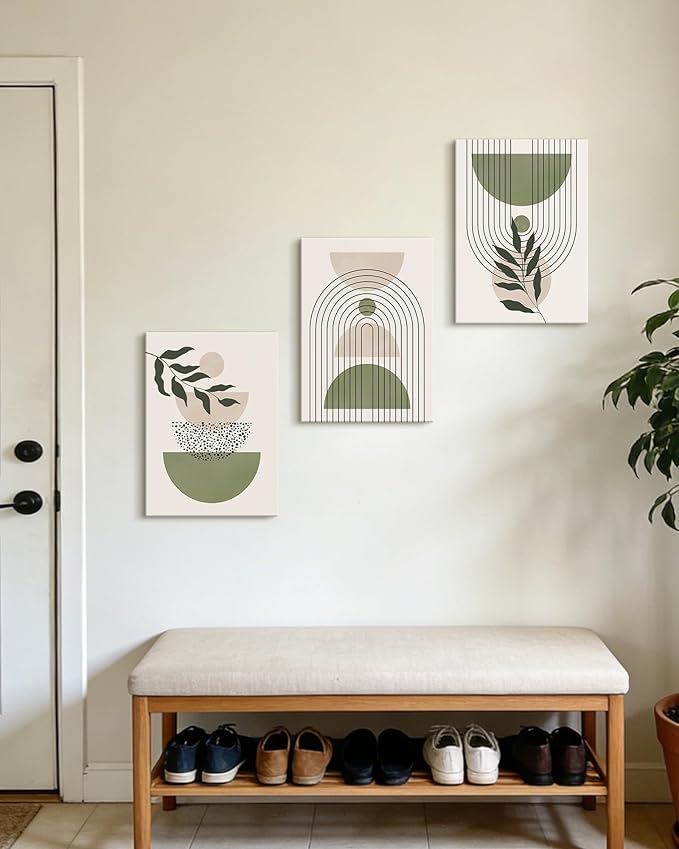 Drsoum Green Botanical Boho Wall Art Framed Modern Sage Bohemian Plant Wall Decor Abstract Geometry Lines Prints Ready to Hang 12x16in Framed