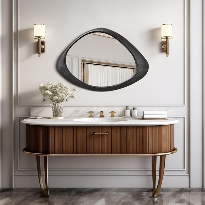 AAZZKANG Irregular Mirror Black Asymmetrical Wall Mounted Mirrors Large Modern Wood Frame Wall Mirror for Bathroom Bedroom Living Room Entryway 24"x16"
