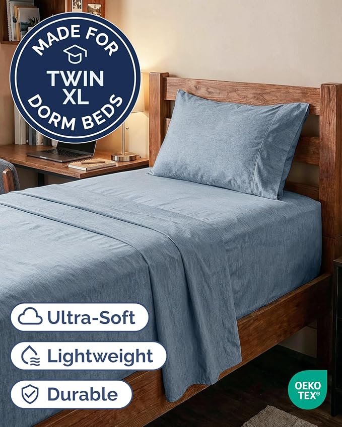 Extra Deep Twin XL Sheet Set - 4 Piece College Dorm Bed Sheets Set with Extra Deep Pockets - Ultra-Soft, Comfy & Breathable Bedding for Women, Men, Kids & Teens - Wrinkle & Fade Free - Heathered Blue