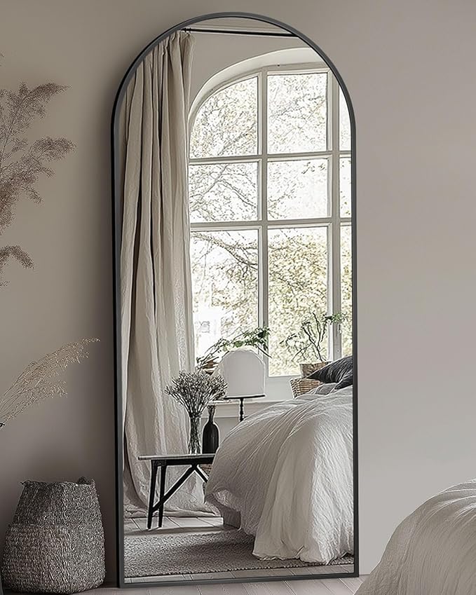 Full Length Mirror with Stand, 58"x19" Arched Full Body Mirror, Large Stand Up Aluminum Frame Floor Freestanding Hanging Leaning Mounted for Bedroom Living Room Entryway Black