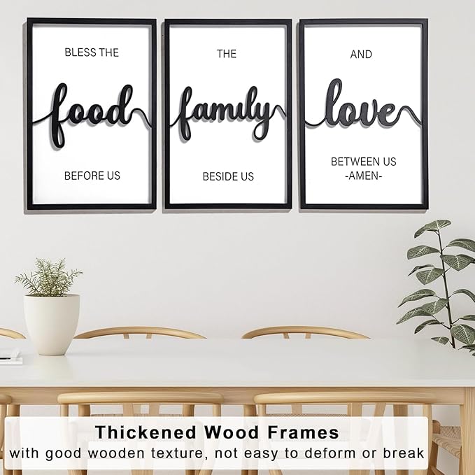 KIOSSUT 3D Wood Bless The Food Before Us Wall Decor, 48" x 24" Framed Kitchen Wall Art for Dining Room Wall Decor(Ready to Hang, 16x24 inches, Set of 3, Framed)