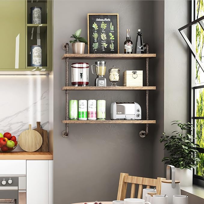 Helsin 3 Tier Industrial Pipe Shelf Rustic Wood Floating Wall Display Bookshelf Storage Rack Sundries Holder for Kitchen Office Bathroom Organization and Home Decor (32 Inch)