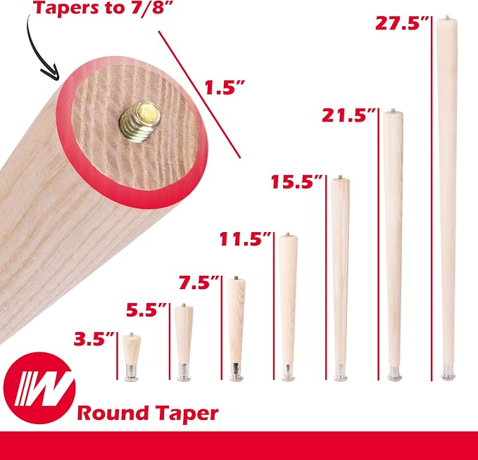 Waddell Round Taper Leg (4 Count, 6" H) | Self Leveling Quick Mount Wooden Legs with 5/16" #18 Hanger Bolt | Decorative Unfinished Furniture Legs for DIY Home Improvement | Mid Century Modern Decor