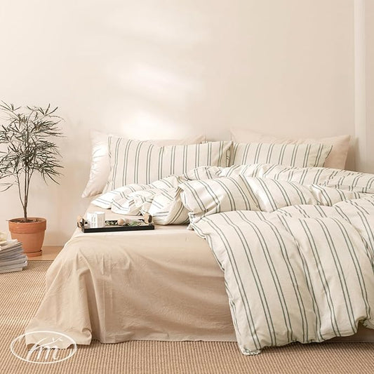 VM VOUGEMARKET Teen Boys Duvet Cover Set Twin,Greyish-Green Stripes Duvet Cover with 2 Pillowcases,Modern Cozy Washed Cotton Comforter Cover with Zipper Closure & Corner Ties 68"x90"(3pcs,Twin XL)