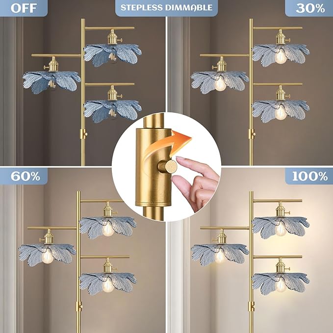 Gold Dimmable floor lamp ,tall lamp for living room corner ,mid century modern floor lamp Brass Tree Lamp Blue Glass Shade ,Standing Lamps vintage retro floor light for Bedroom corner Study Office