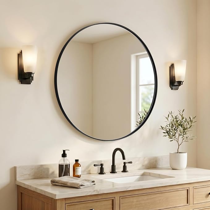 ANDY STAR Black Round Mirror Bathroom Mirrors, 28 Inch Vanity Mirror with Rust-Poof SUS304 Frame, Matte Black Mirror for Living Room, Powder Room, Entryway