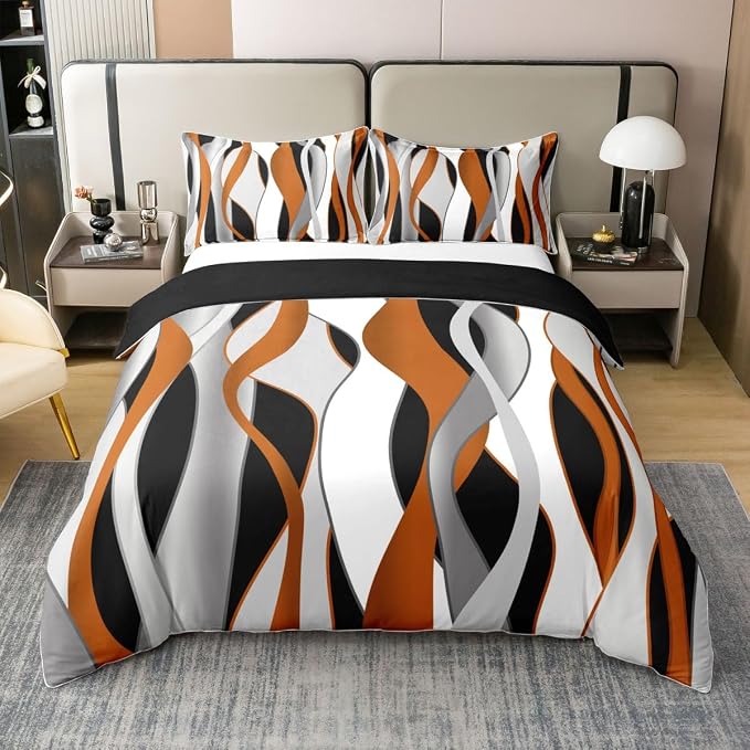Erosebridal Orange Grey Black Stripes 100% Cotton Duvet Cover King Geometric Spiral Waves Bedding Set for Kids Teens Adults Swirl Lines Striped Comforter Cover Modern Mid Century Art Bed Set 3 Pcs