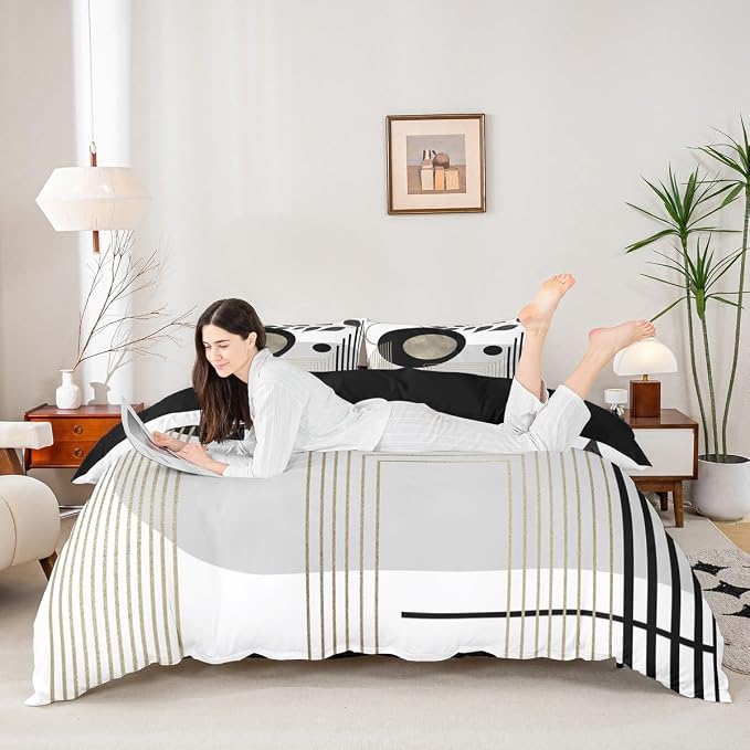 Erosebridal Black and White Abstract Boho Duvet Cover Toddler Size Minimalist Aesthetic Neutral Comforter Cover Mid Century Modern Bedding Set Botanical Leaves Geometric Bed Set