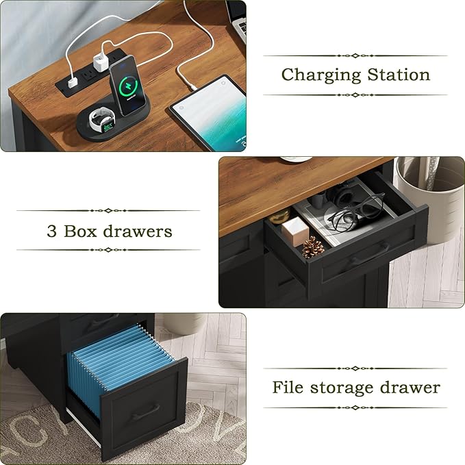 Farmhouse 47" Executive Desk with 4 Drawers, Computer Desk with File Drawer and Charging Station, Workstation for Home Office, Study.Black Brown