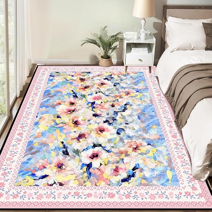 Floral Oil Painting Area Rug Watercolor Flower Print Rugs for Entryway Bedroom Living Room Nursery Kitchen Playroom Home Decor Washable Low Pile Floor Mat Carpet,2'x3'
