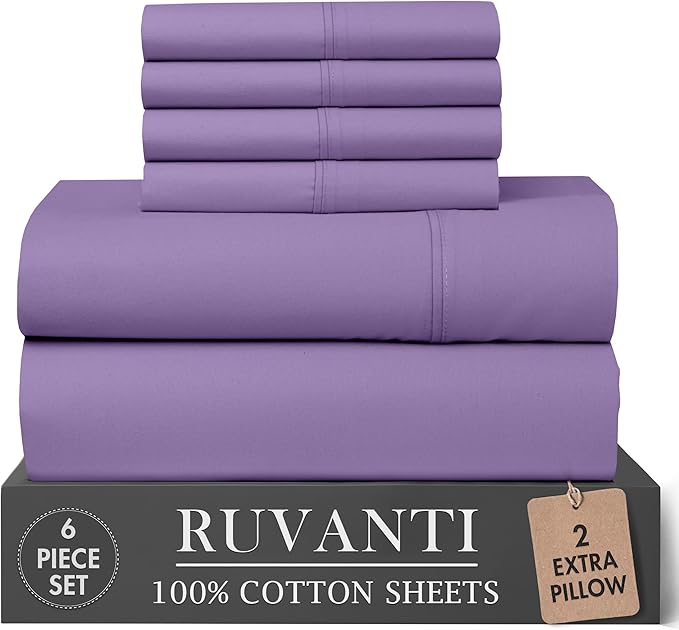 RUVANTI 100% Cotton Percale Sheets Full Size 6 Piece Set, Cooling Bed Sheets for Hot Sleepers, Deep Pocket 16”, Breathable Lightweight & Durable, Crisp Hotel Style Sheets, Purple Sage