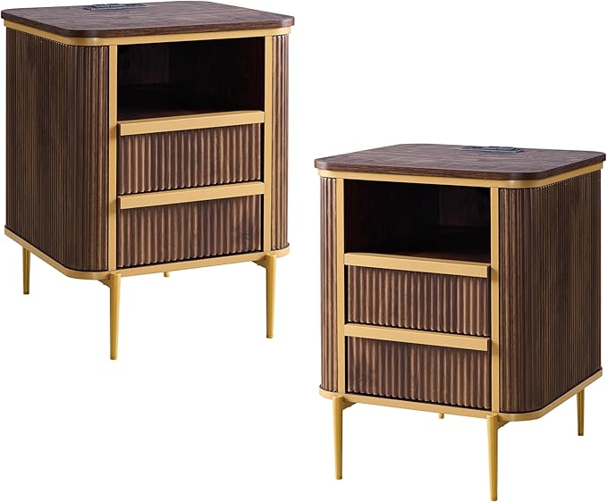 OKD Modern Chic Fluted Nightstand Set of 2 Luxury with Charging Station, End Table/Bed Side Table w/2 Drawers, Faux Marble Tabletop, Gold Metal Decor, Curved Edge Design, Dark Walnut