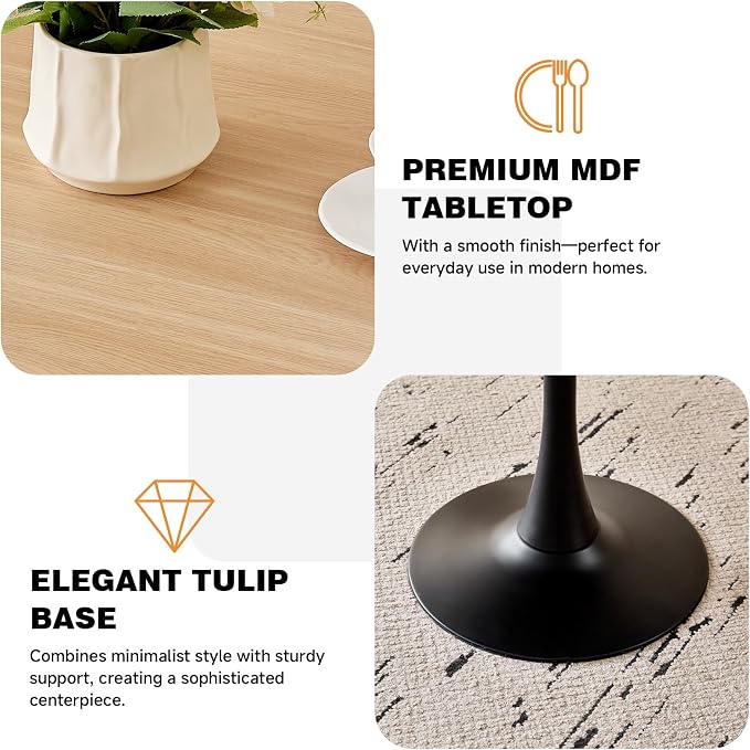 31.5" Round Dining Table for 2-4 Modern Circle Tulip Table with Metal Black Tulip Pedestal Base for Kitchen Dining Living Room Apartment Small Space Cafe, Natural
