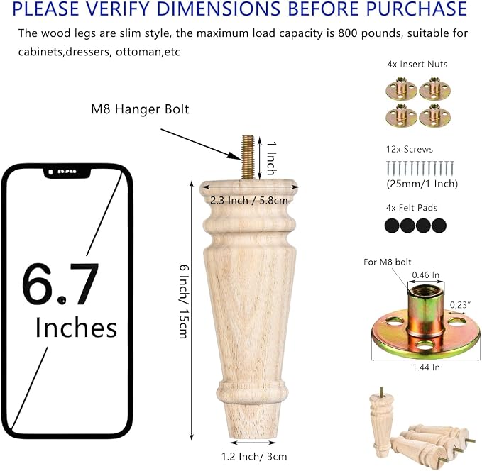Maricome 6 Inch Wood Furniture Bun Feet Set of 4 Mid Century Replacement Legs for Couch Sofa Ottoman Chair Cabinet Pre-drilled M8 Hanger Bolt