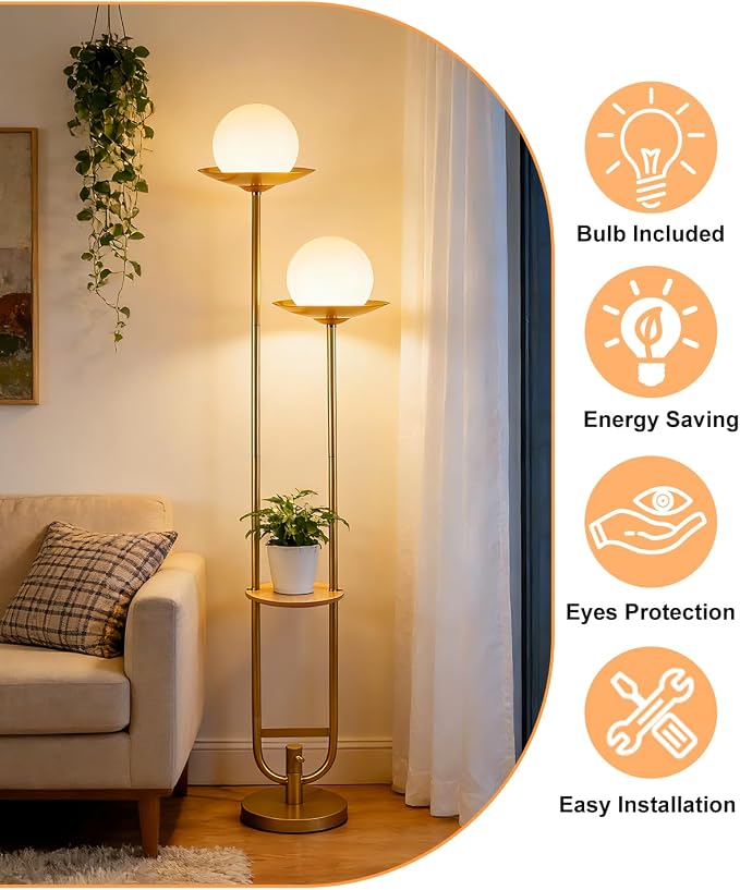 Lightdot 63IN Gold Floor Lamp 2 Globe Mid Century Standing Lamps Dimmable with 3000K Warm White LED Bulbs Unique Vintage Tall Floor Lamp with 5Lbs Heavy Base for Living Room/Wedding/Party