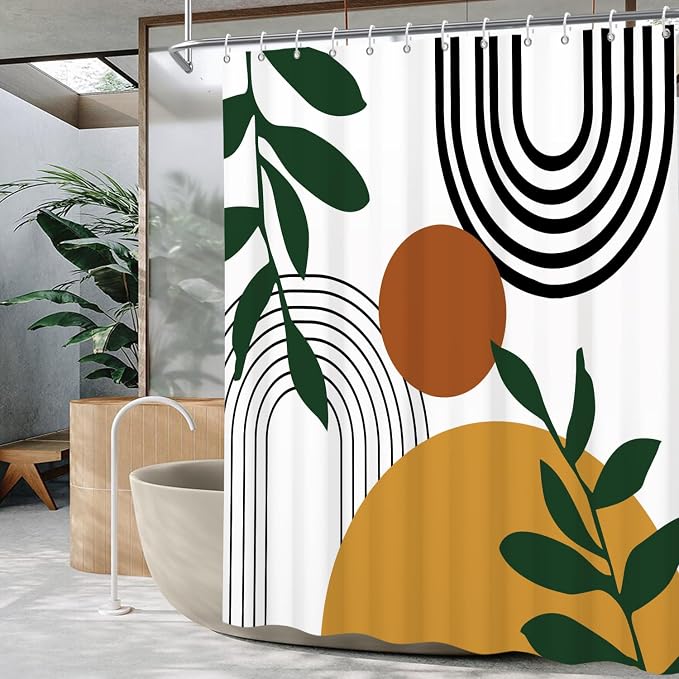 Boho Geometric Shower Curtain White Beige Mid Century Abstract Arch Curve Bathroom Curtain Minimalistic Sun Shower Curtain Sets for Bathroom Extra Long 69x70 in with 12 Hooks