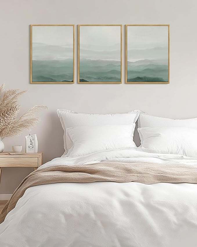 KUVIOKE Green Watercolor Mountains in Fog Framed Canvas Wall Art Wilderness Nature Landscape Artwork Painting Boho Rustic Scenic Relax Cool Room Decor for Bedroom Living Room 12x16in (Natural Framed)