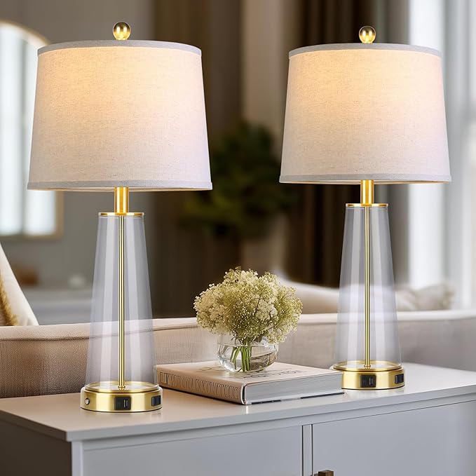 26" Glass Table Lamp Set of 2 with USB C+A Ports and AC Outlet, 3 Way Touch Modern Bedside Lamps for Night Stands, Gold Nightstand Lamps for Bedroom Living Room
