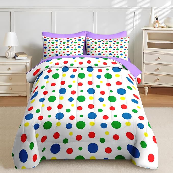 Nesker Comforter Set Twin Size, Rainbow Green Red 5 Pcs Bedding for Kids and Adults, Blue Yellow Polka Dot Bed Sheet Sets with Fitted Sheet Pillowcase & Sham