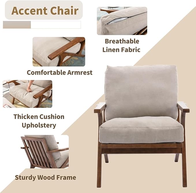 HNY Mid Century Modern Accent Chair with Ottoman, Farmhouse Linen Upholstered Living Room Armchair and Ottoman Set, 23" Seat Wide Retro Leisure Lounge Chair with Wood Frame for Home, Bedroom, Beige