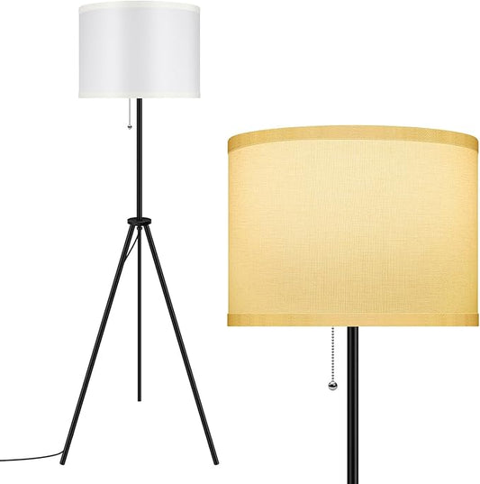 BoostArea Mid Century Standing Lamp, 59.5" Tripod Floor Lamp with White Linen Lamp Shade for Living Room, Bedroom, Study Room, Office (Bulbs Not Included)
