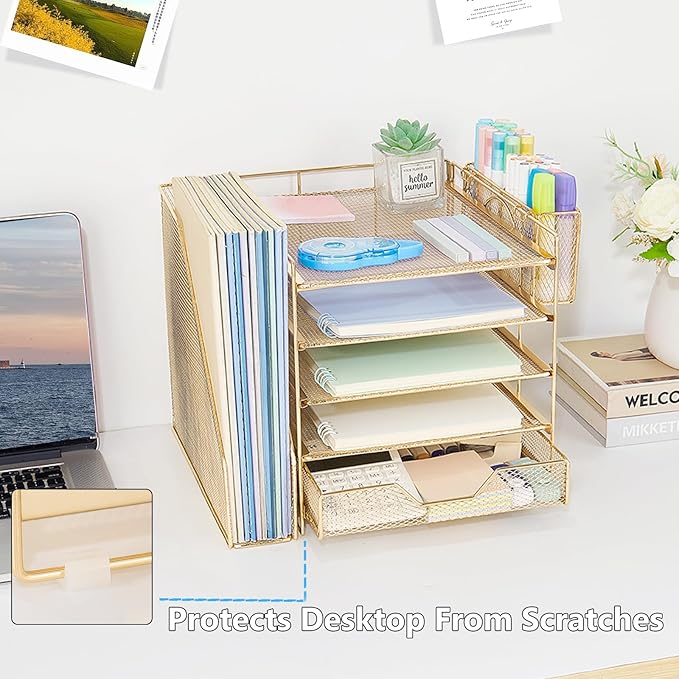 Desk Organizers and Accessories, 5-Tier Paper Letter Tray Organizer with File Holder, Drawer & Pen Holder, Office Desk Accessories, Desktop Organizer for Classroom Office Supplies, Gold