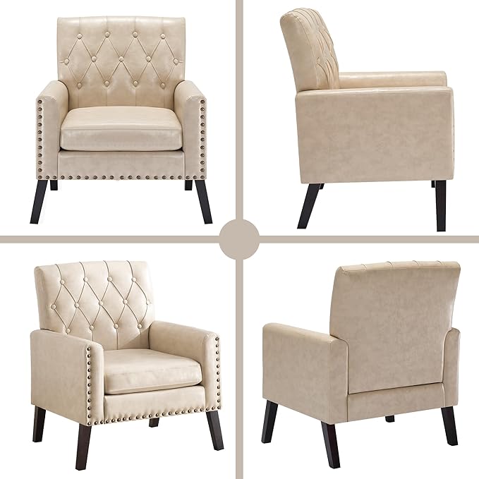 Mid Century Modern Accent Chair, Ivory Faux Leather Office Chair for Reception - Tufted Leather Club Chair for Living Room, Bedroom, or Waiting Room