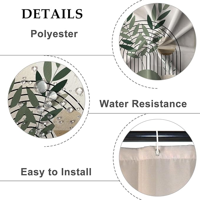 Baocicoo Mid Century Bohemia Green Moon Leaves Shower Curtain for Bathroom - Geometric Aesthetic Bathtub Decor - Polyester Durable Shower Curtain with Hooks - 72x84 Inches