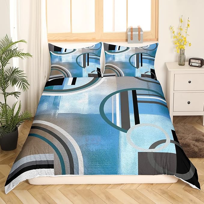Erosebridal Oil Painting Duvet Cover Twin,Geometric Comforter Cover,Ombre Watercolor Bedding,Navy Blue Black Grey Bedding Set,Modern Abstract Tie Dye 2Pcs Quilt Cover Bedroom Decor Zipper& Ties