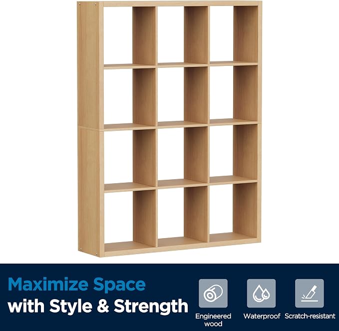 12 Cube Storage Organizer, Wooden Cube Shelf Bookcase with Reinforced Thick Shelves, Heavy-Duty 36.93" L x 9.37" W x 48.82" H, for Living Room Bedroom Home Office, Natural-Oak