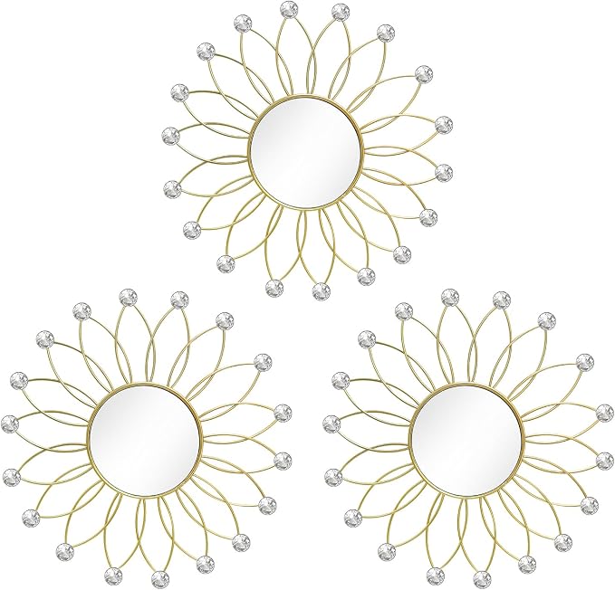 3 Pack Metal Mirrors for Wall Sunburst Wall Mirrors Home Décor Decorative Hanging Wall Art for Living Room Bedroom Entryway (Gold2 Crystal, Flowers)
