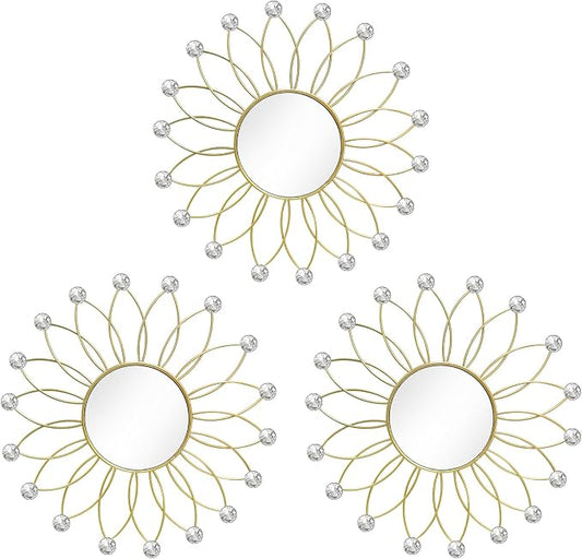 3 Pack Metal Mirrors for Wall Sunburst Wall Mirrors Home Décor Decorative Hanging Wall Art for Living Room Bedroom Entryway (Gold2 Crystal, Flowers)